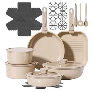 OzawaBear 26Pcs Ceramic Nonstick Cookware Set Taupe Removable Handle KC-YZ-003